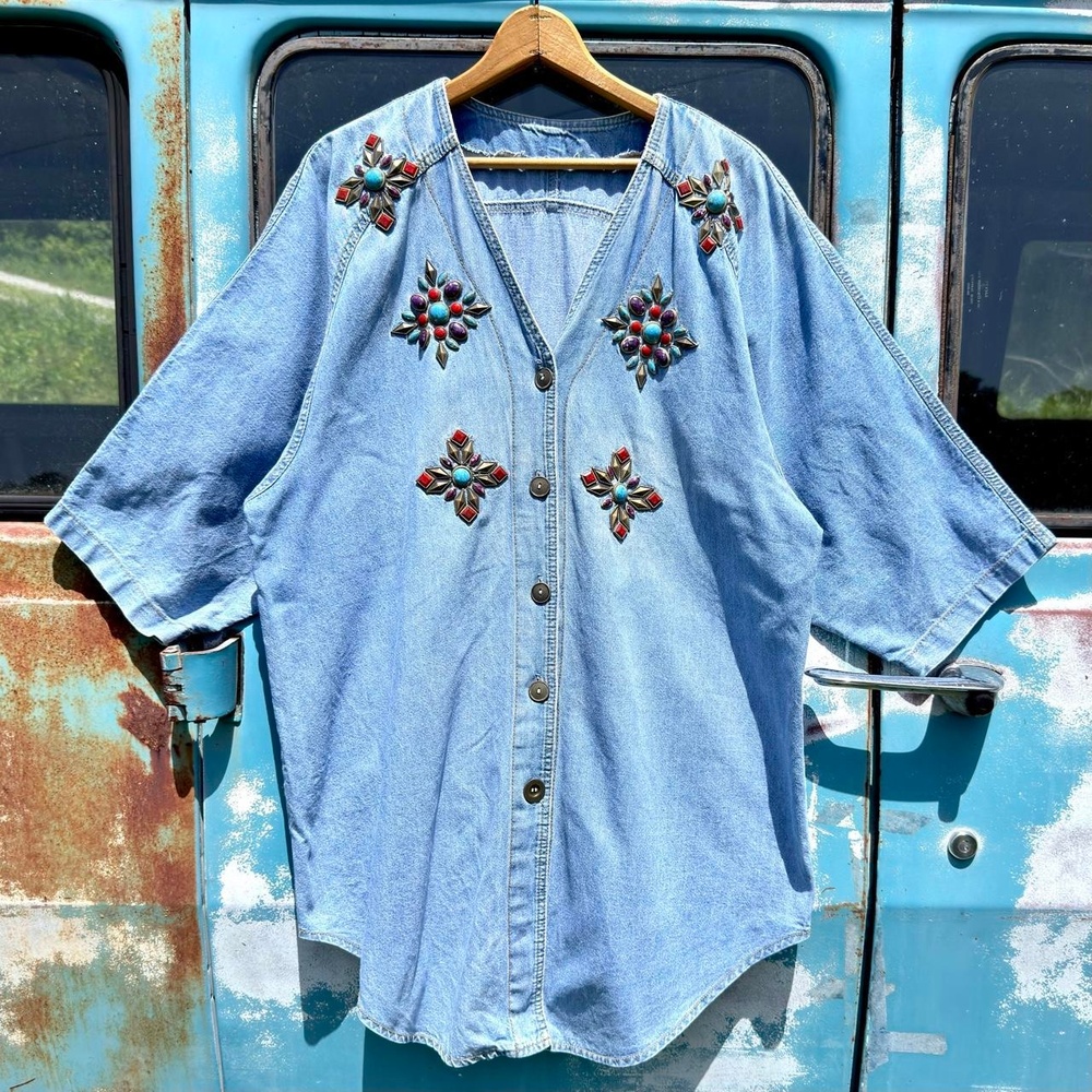 90s chambray denim shirt jacket southwest stone & stud embellished plus size